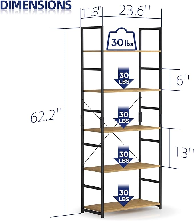 NUMENN 5 Tier Bookshelf, Tall Bookcase Shelf Storage Organizer, Modern Book Shelf for Bedroom, Living Room and Home Office, Natural - LeafyLoom