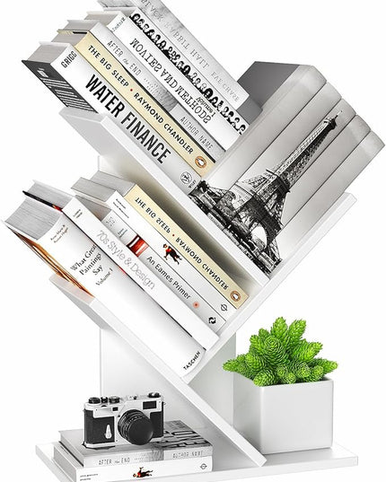 3 Tier Small Tree Bookshelf Storage Organizer Shelves Floor Standing Bookcase Desk Wood Storage Rack for Home Office Living Room Bedroom Display for Book Magazine CD manga Warm White - LeafyLoom