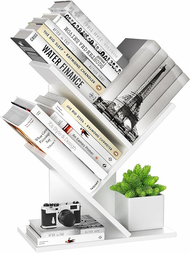 3 Tier Small Tree Bookshelf Storage Organizer Shelves Floor Standing Bookcase Desk Wood Storage Rack for Home Office Living Room Bedroom Display for Book Magazine CD manga Warm White - LeafyLoom