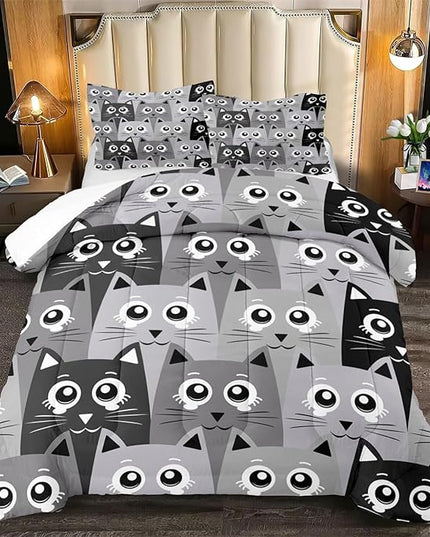 Cat Queen Comforter Set for Bedroom - 3Pcs Grey Cat Comforter Set for Teens Kids Cute Cartoon Cat Bedding Set Ultra Soft Warm Lightweight Kawaii Animal Patterns Comforter with 2 Pillowcases - LeafyLoom