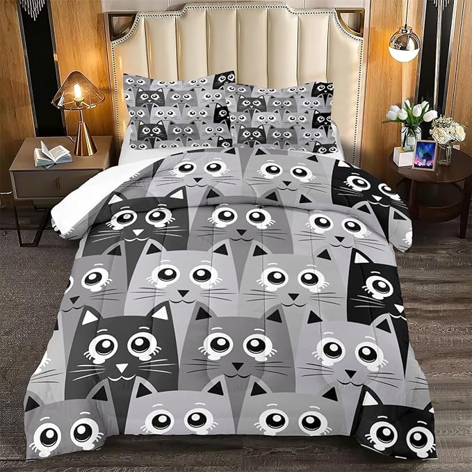 Cat Queen Comforter Set for Bedroom - 3Pcs Grey Cat Comforter Set for Teens Kids Cute Cartoon Cat Bedding Set Ultra Soft Warm Lightweight Kawaii Animal Patterns Comforter with 2 Pillowcases - LeafyLoom