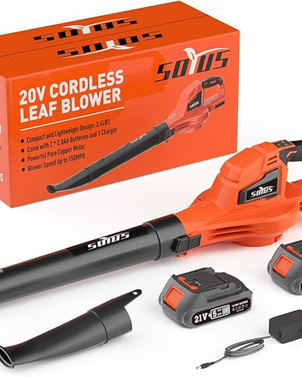 SOYUS Leaf Blower, 20V Leaf Blower Cordless with 2x2.0Ah Battery and Charger, 150 MPH Electric Leaf Blower with Two-Speed Mode, Blowers for Lawn Care, Debris Dust Cleaning(Orange) - LeafyLoom