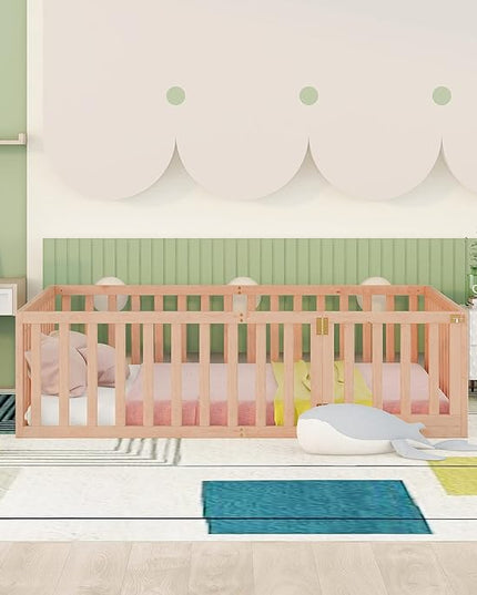 Multifunctional Full Size Floor Bed with Safety Guardrails and Door, Montessori Sturdy Solid Wood Beds Frame, Easy Assembly and No Spring Need, for Boys and Girls Room, Natural - LeafyLoom