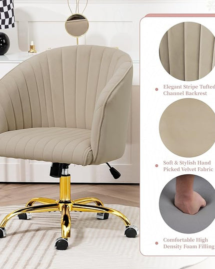 Home Office Desk Chair, Swivel Velvet Office Chair with Arms, Modern Computer Desk Chairs with Wheels, Comfy Wide Armchair for Living Room, Bedroom, Study, Vanity Room, Tan - LeafyLoom
