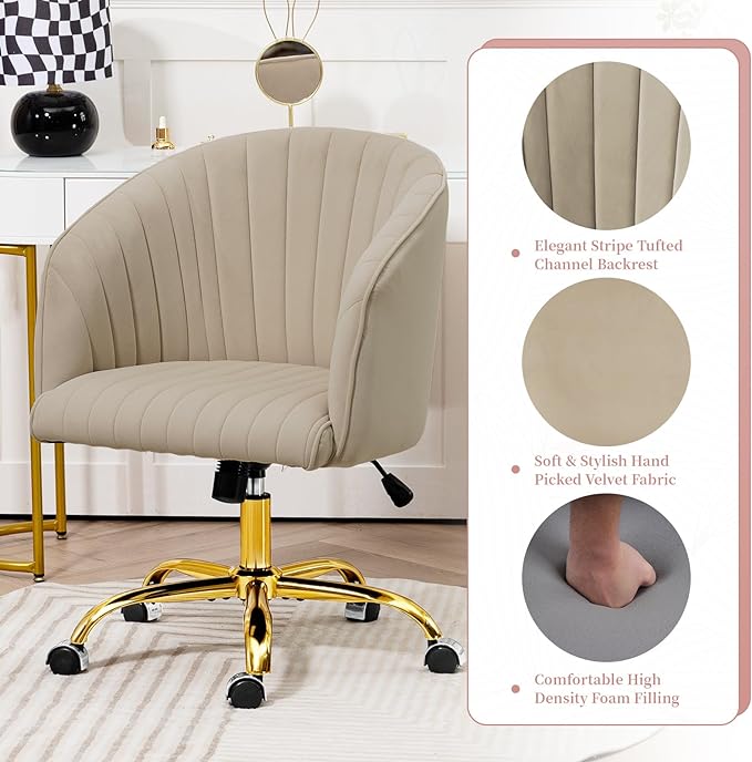 Home Office Desk Chair, Swivel Velvet Office Chair with Arms, Modern Computer Desk Chairs with Wheels, Comfy Wide Armchair for Living Room, Bedroom, Study, Vanity Room, Tan - LeafyLoom