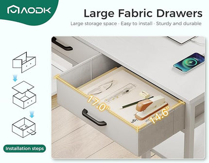 AODK 55 Inch Computer Desk with Fabric Drawers & Power Outlets, Office Desk with Storage Shelves & CPU Stand, Study Table, Writing Desk for Bedroom, White - LeafyLoom