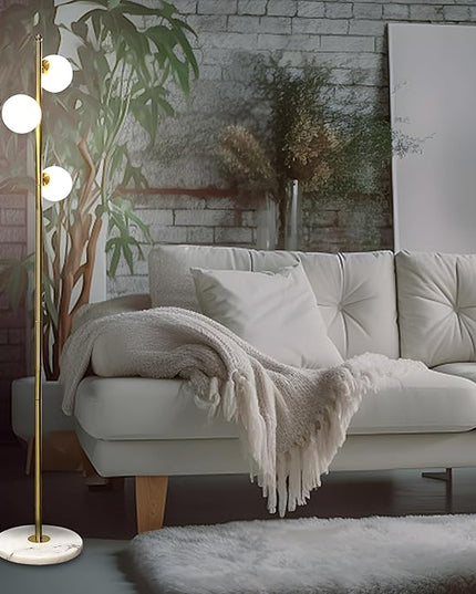 3-Globe Mid Century Floor Lamp for Living Room, Modern Dimmable Tall Standing Lamp with Frosted Glass Shades, Contemporary Gold Pole Lamp for Bedroom Office （Bulbs Included） - LeafyLoom