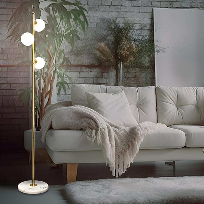 3-Globe Mid Century Floor Lamp for Living Room, Modern Dimmable Tall Standing Lamp with Frosted Glass Shades, Contemporary Gold Pole Lamp for Bedroom Office （Bulbs Included） - LeafyLoom