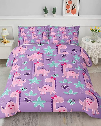 Axolotl Cute Dinosaur Comforter Set Full Size,Girls Bedding Cartoon Dinosaur Bedding Set for Girls Teens Kids Boys Adults Room Decor,Kids Comforter Set All Season,1 Quilt 2 Pillow Cases,Purple - LeafyLoom