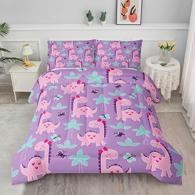 Axolotl Cute Dinosaur Comforter Set Full Size,Girls Bedding Cartoon Dinosaur Bedding Set for Girls Teens Kids Boys Adults Room Decor,Kids Comforter Set All Season,1 Quilt 2 Pillow Cases,Purple - LeafyLoom