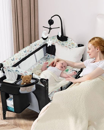 Kinder King 4 in 1 Portable Nursery Center, Foldable Baby Bedside Crib w/Bassinet, Infant Pack n Play Playard Toddler Large Playpen, Newborn Changing Table, Storage Basket, Side Zipper,Multicolour - LeafyLoom