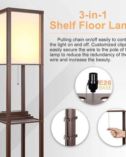 3-in-1 Shelf Floor Lamp with 1 USB Ports & 1 Type C Port & 1 Power Outlet, 3-Tiered Shelf Lamp, Modern Standing Light for Bedroom & Living Room, Shelf & Storage Floor Lamp Combination, Brown - LeafyLoom