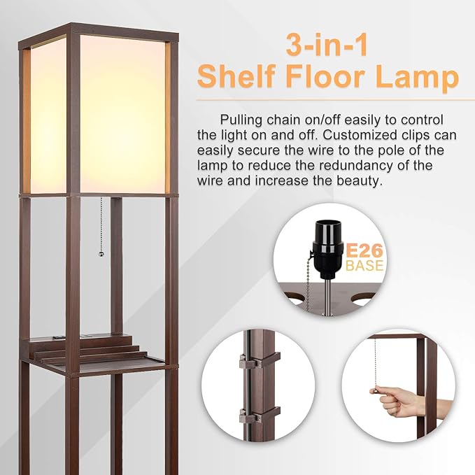 3-in-1 Shelf Floor Lamp with 1 USB Ports & 1 Type C Port & 1 Power Outlet, 3-Tiered Shelf Lamp, Modern Standing Light for Bedroom & Living Room, Shelf & Storage Floor Lamp Combination, Brown - LeafyLoom