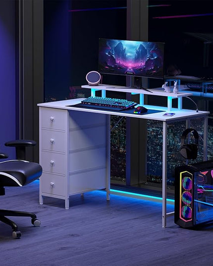 White Computer Desk with LED Light & Power Outlets, 47 Inch Gaming Desk with 4 Fabric Drawers, Office Desk with Monitor Stand, Work Writing Desk with Hooks for Home Office, Bedroom, HGD12WT - LeafyLoom