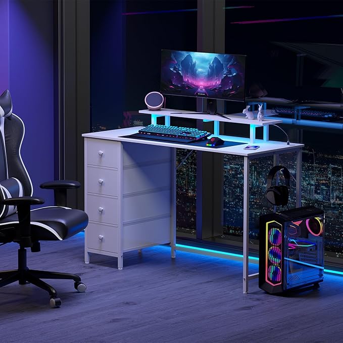 White Computer Desk with LED Light & Power Outlets, 55 Inch Gaming Desk with 4 Fabric Drawers, Office Desk with Monitor Stand, Work Writing Desk with Hooks for Home Office, Bedroom, HGD14WT - LeafyLoom