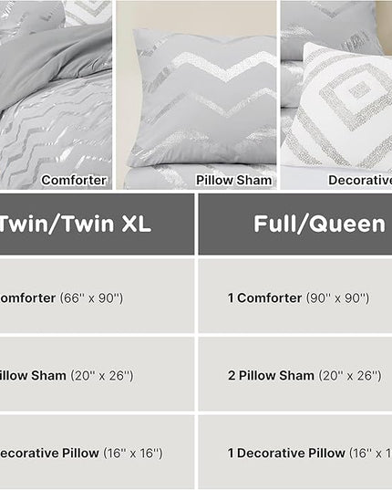 Codi Ziggy Metallic Grey Comforter Set Twin/Twin XL Size, Silver Bedroom Decor for Girls Room, 3 Piece Bedding Sets (2 Matching Sham + 1 Decorative Pillow) - LeafyLoom