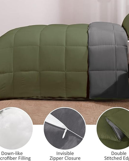 Basic Beyond Queen Comforter Set - Fluffy Comforter Queen Set for All Seasons - Reversible Olive Green Queen Comforter Set for Mens - 3 Pieces (1 Comforter + 2 Pillow Shams) - Olive Green/Drak Gray - LeafyLoom