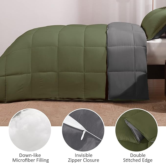 Basic Beyond Twin Comforter Set for Girls and Boys - Fluffy Twin Bed Comforter Set for All Seasons - Reversible Olive Green and Dark Grey Comforter Set - 2 Pcs (1 Comforter + 1 Pillow Sham) - LeafyLoom
