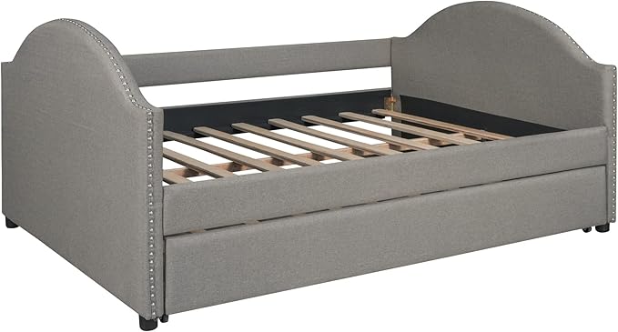 Full Size Upholstered Daybed with Twin Trundle Bed and Wood Slat for Living Room Bedroom, Gray - LeafyLoom