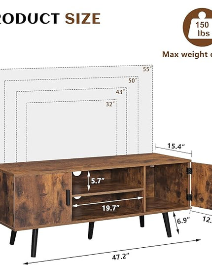 Iwell TV Stand for 55 Inch TV, TV Console with 2 Cabinets and Shelves, TV Stands for Living Room/Bedroom, Rustic Brown - LeafyLoom