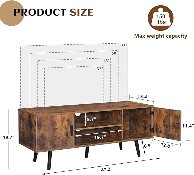 Iwell TV Stand for 55 Inch TV, TV Console with 2 Cabinets and Shelves, TV Stands for Living Room/Bedroom, Rustic Brown - LeafyLoom