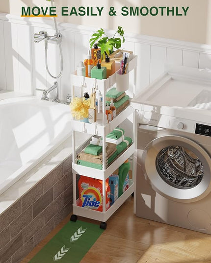 LEHOM Slim Rolling Storage Cart - 4 Tiers Bathroom Organizer Utility Cart Slide Out Storage Shelves Mobile Shelving Unit for Kitchen, Bedroom, Office, Laundry Room, Small Narrow Spaces (Pear White) - LeafyLoom