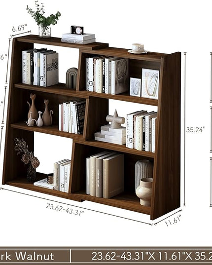 IOTXY Wooden Extendable Shelf Bookcase - 3-Tier Ladder Low Short Bookshelf for Small Space or Corner, Dark Walnut, S - LeafyLoom