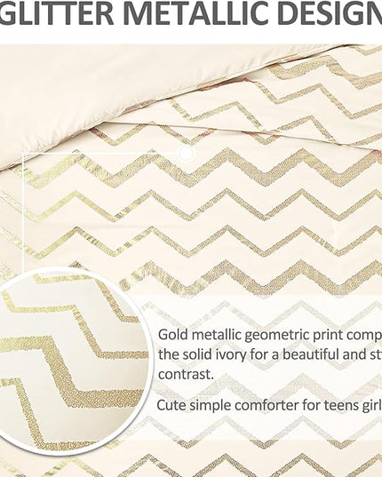 Girls Comforter Set Twin Size Cream Bedding Set Cute Metallic Gold Bed Comforter 3 Piece Lightweight Microfiber Comforter for Kids Teen - LeafyLoom