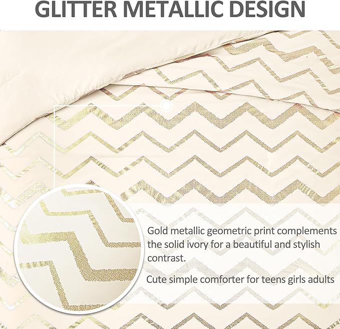 Girls Comforter Set Twin Size Cream Bedding Set Cute Metallic Gold Bed Comforter 3 Piece Lightweight Microfiber Comforter for Kids Teen - LeafyLoom