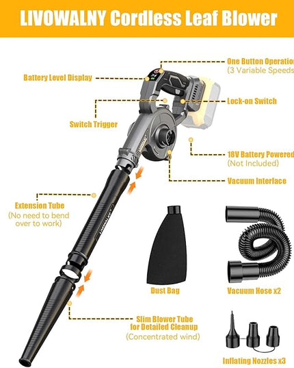 LIVOWALNY Lightweight Battery Leaf Blower: Cordless Battery Operated Blower for Dewalt 20v Battery - Electric Leaf Blowers & Vacuum 2-in-1 with 3 Speed Mode for Yard Driveway Patio Garage Sidewalk - LeafyLoom