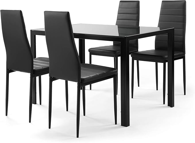 NicBex Small Dining Table Set for 4 Kitchen Table Set 5 Pieces Dining Table Set Kitchen Room Tempered Glass Dining Table with 4 Faux Leather Chairs for Small Space, Black - LeafyLoom