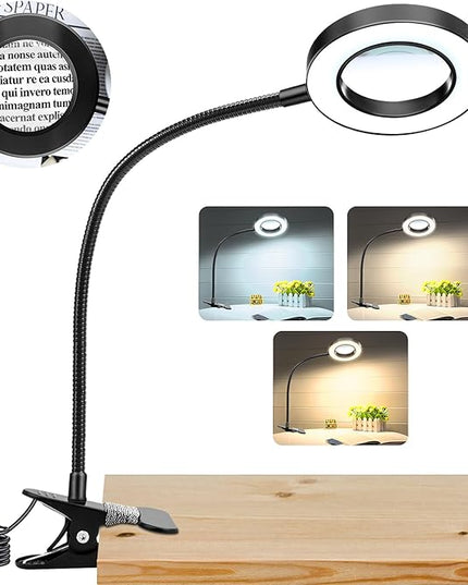 10X Magnifying Glass with Light, Clip on Mganifier with Light, 48 LED Desk Magnifying Glass wtih Clamp, 3 Modes Dimmable Magnifying LED Lamps for Bed Work Crafts DIY Repair - LeafyLoom