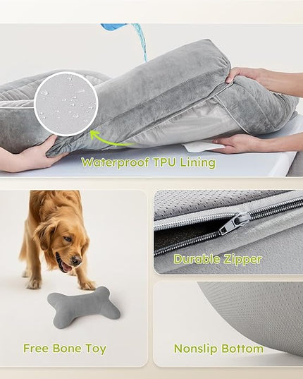 Dog Beds for Large Dogs, Orthopedic Dog Bed with Cooling Gel Memory Foam, Waterproof Large Dog Bed with Removable Washable Cover, 36" Dog Sofa Couch Dutch Velvet with Bone Toy, Light Gray LeafyLoom