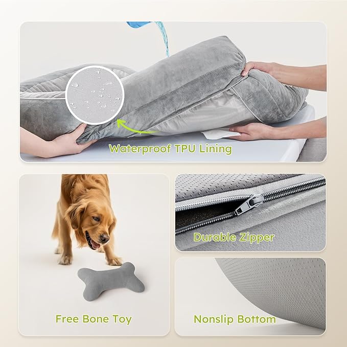 Dog Beds for Large Dogs, Orthopedic Dog Bed with Cooling Gel Memory Foam, Waterproof Large Dog Bed with Removable Washable Cover, 36" Dog Sofa Couch Dutch Velvet with Bone Toy, Light Gray LeafyLoom