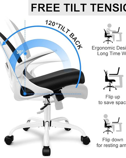 Primy Office Chair Ergonomic Desk Chair with Adjustable Lumbar Support and Height, Swivel Breathable Desk Mesh Computer Chair with Flip up Armrests for Conference Room(White) - LeafyLoom