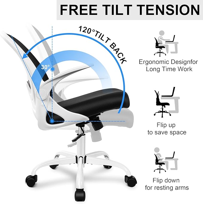Primy Office Chair Ergonomic Desk Chair with Adjustable Lumbar Support and Height, Swivel Breathable Desk Mesh Computer Chair with Flip up Armrests for Conference Room(White) - LeafyLoom