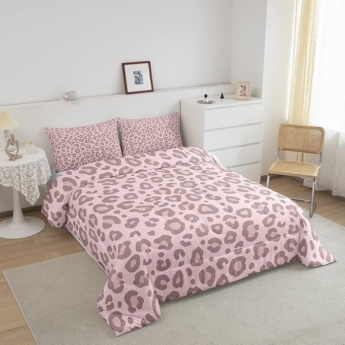 Pink Leopard Skin Comforter Leopard Print Comforter Set for Kids Boys Girls Africa Cheetah Printed Children Bedding Set Ultra Soft Decor Safari Animal Fur Pattern Duvet Set Full Size Quilt Set - LeafyLoom