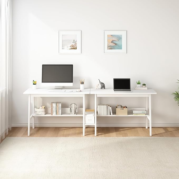 2-Person Writing Desk with Bookshelf - 79" Wooden Extra Long Home Office Work Table, Double Study Computer Workstation with Storage Shelves in White, 79" W x 24" D - LeafyLoom