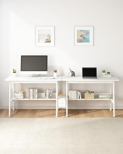 2-Person Writing Desk with Bookshelf - 94" Wooden Extra Long Home Office Work Table, Double Study Computer Workstation with Storage Shelves in White, 94" W x 24" D - LeafyLoom