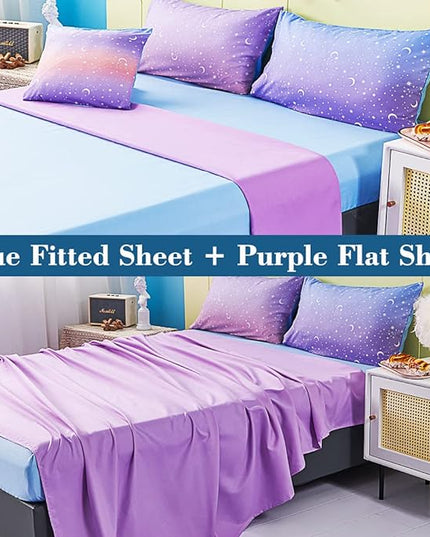 URBONUR Girls Comforter Set Full Size Gradient Purple Orange Moon Star Print Bedding Comforter with Sheets Set 6 Pcs Bed in A Bag (Comforter, Flat Sheet, Fitted Sheet, Pillowcases and Cushion Cover) - LeafyLoom