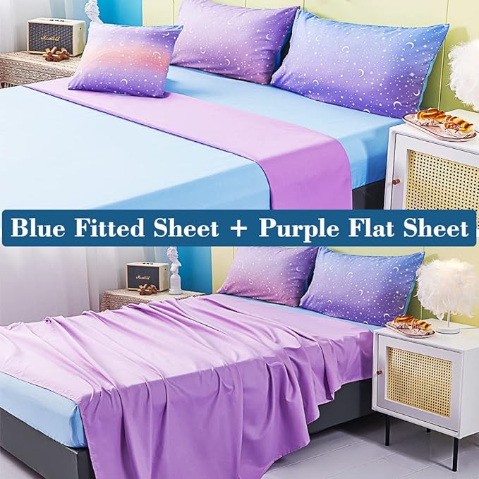 URBONUR Girls Comforter Set Full Size Gradient Purple Orange Moon Star Print Bedding Comforter with Sheets Set 6 Pcs Bed in A Bag (Comforter, Flat Sheet, Fitted Sheet, Pillowcases and Cushion Cover) - LeafyLoom
