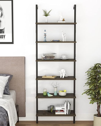 Ladder Shelf Black 6 Tiers Modern Bookshelf Room Organizer Open Tall Wall Mount Bookcase Standing Leaning Wall Shelves Industrial Decorative Living Room Bed Room - LeafyLoom