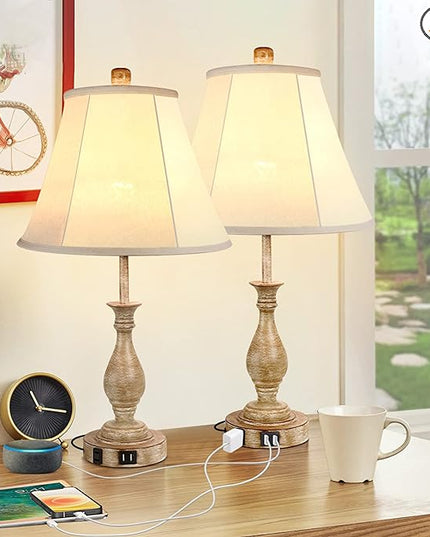 Farmhouse Table Lamp Touch Control 3-Way Dimmable Table Lamp, Modern Nightstand Lamp with 2 USB Port Bedside Desk Lamp with Fabric Shade for Living Room Bedroom Hotel (Pack-02) - LeafyLoom