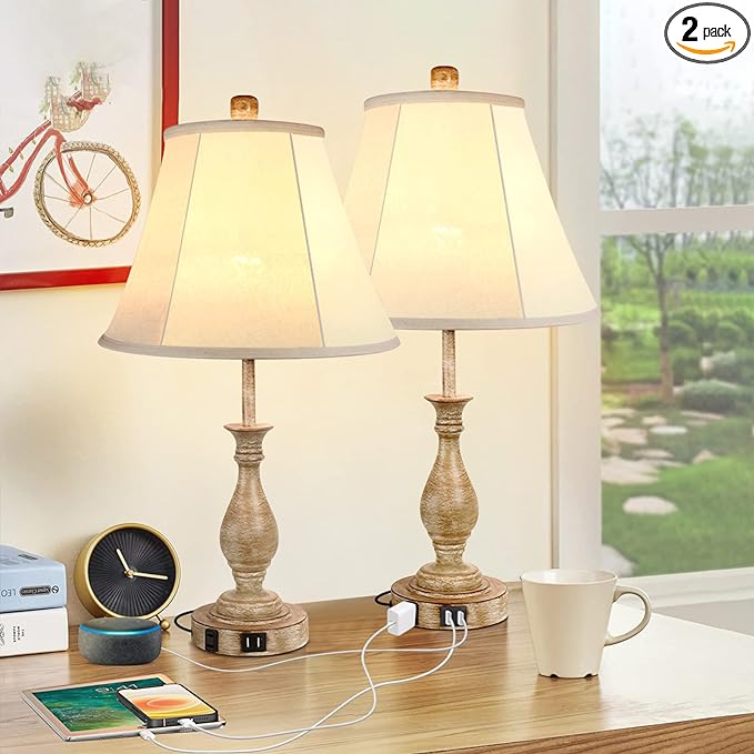 Farmhouse Table Lamp Touch Control 3-Way Dimmable Table Lamp, Modern Nightstand Lamp with 2 USB Port Bedside Desk Lamp with Fabric Shade for Living Room Bedroom Hotel (Pack-02) - LeafyLoom