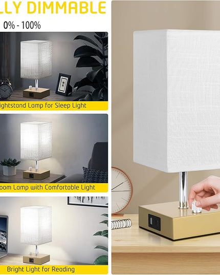 Small Table Lamp Set of 2 - Fully Dimmable Bedside Lamp for Bedroom Kids with USB C+A Ports & AC Outlet, Gold Nightstand Lamp for Home Office. Square Beige Fabric Shade Metal Base(LED Blubs Included). - LeafyLoom