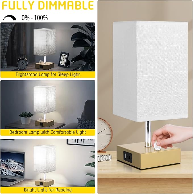 Small Table Lamp Set of 2 - Fully Dimmable Bedside Lamp for Bedroom Kids with USB C+A Ports & AC Outlet, Gold Nightstand Lamp for Home Office. Square Beige Fabric Shade Metal Base(LED Blubs Included). - LeafyLoom
