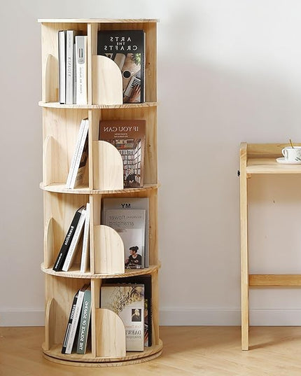 Rotating Bookshelf Tower, 4 Tier 360 Display Spinning Bookshelf, Solid Wood Narrow Book Shelf Organizer for Kid Adult, Corner Floor Standing Bookcase for Bedroom, Living Room, Study Room, Small Space - LeafyLoom