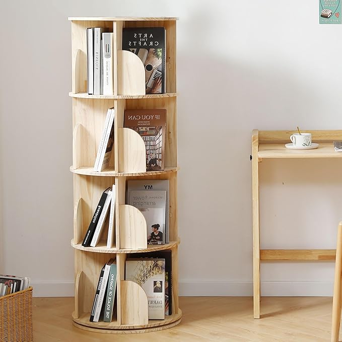 Rotating Bookshelf Tower, 4 Tier 360 Display Spinning Bookshelf, Solid Wood Narrow Book Shelf Organizer for Kid Adult, Corner Floor Standing Bookcase for Bedroom, Living Room, Study Room, Small Space - LeafyLoom