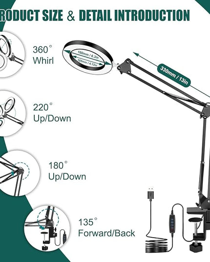 Magnifying Glass with Light Toolour 5X&10X Magnifying Glass Light with 26in Long Arm, 3 Colors Dimming Magnifying Desk Lamp, Lighted Magnifier Glass for Jewelry Close Work Reading Hobby Craft - LeafyLoom