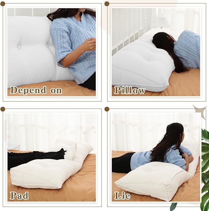 Headboard Wedge Pillow Triangular Bed Rest Reading Backrest Body Bolster Cushion Back Support Long Bolster Pillow for Bed Gifts with Removable Cover(White, Queen (59 x 20 x 8 Inch)) - LeafyLoom